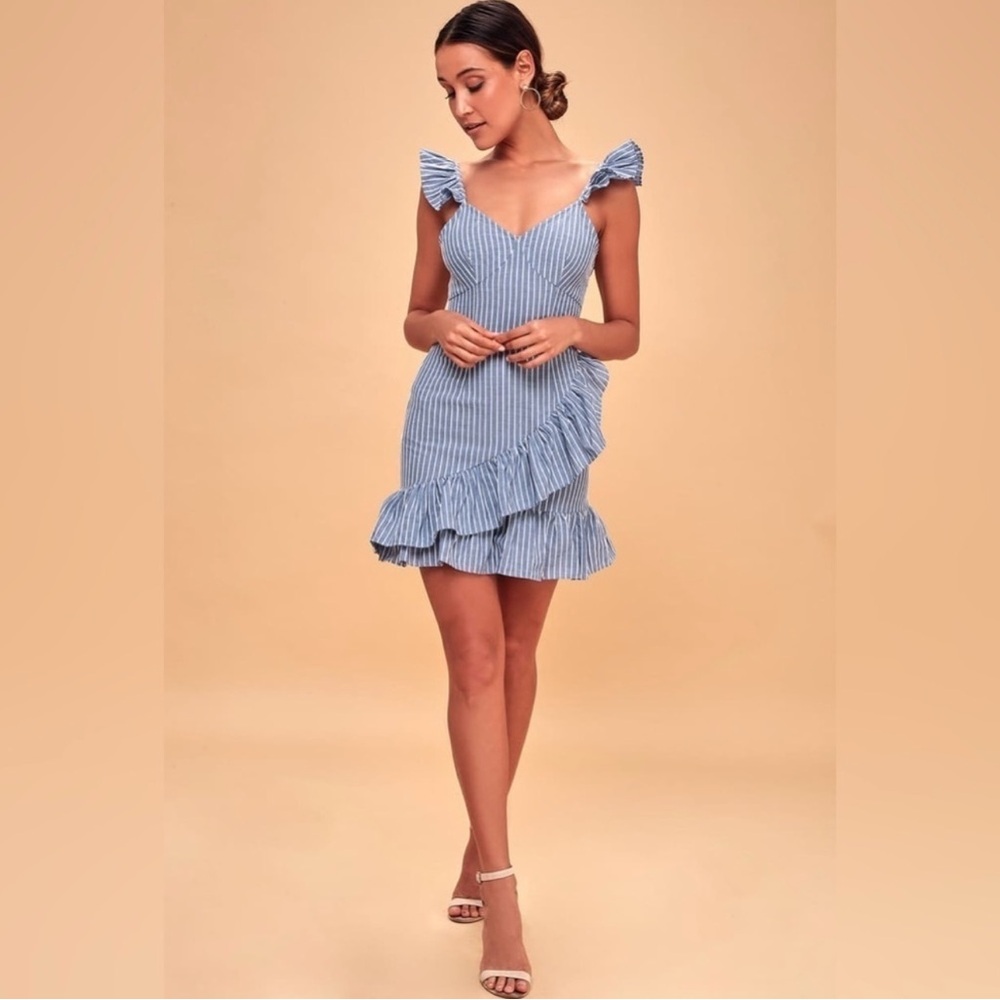 The Fifth Label Blue and White Striped Ruffle Dress